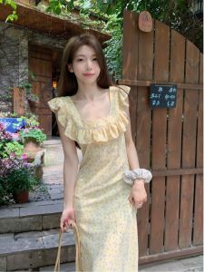 French Artistic Vintage Floral Dress Womens Summer New Waist Cinching Slimming Lace Trim Absolutely Beautiful A-Line Long Dress