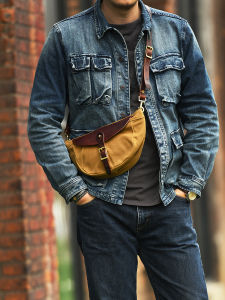 American Casual Oil Wax Canvas with Vegetable Tanned Cowhide Dumpling Chest Bag Lightweight Riding Crossbody Bag for Youth