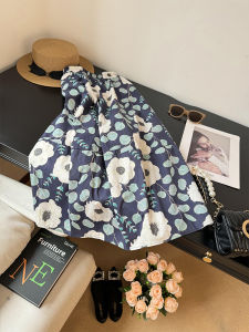 Summer New Womens High Waist Floral Print Cotton Half Skirt A-Line Umbrella Skirt with Pockets Mid-Length Versatile Style