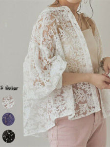 Ladies Pure Color Lantern Sleeve Lace Cardigan round Neck Open Cardigan Womens Shirt Japanese Style Loose Fit Long Sleeve