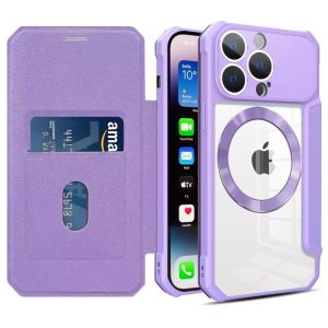 For Samsung Galaxy S23 S22 S21 Ultra Plus Case Flip Leather Card Slots Transparent Camera Protection Support Wireless Adsorptio Shockproof Phone Cover