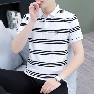 เสื้อโปโลคอปกแขนสั้นผ้าฝ้ายแท้ระดับไฮเอนด์สำหรับผู้ชาย ทรงหลวม สไตล์ฤดูร้อน ใหม่ ปกเสื้อผ้าทำงาน ลำลอง ลายทาง เสื้อยืด