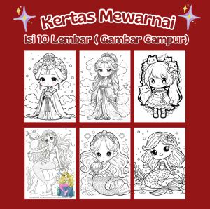 Isi 10 Lembar Kertas Mewarnai Ukuran A4 (21 x 30) Untuk Anak PAUD/TK/SD Isi Campur Karakter