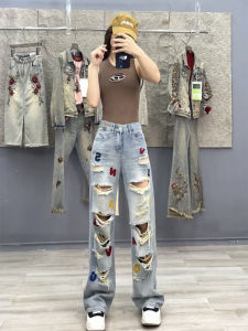 High-Waist Wide-Leg Denim Jeans for Women Light-Colored American Fashion Casual Trendy Holed-Out Waist Band Cropped Pants