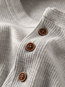 American Style Button up Knitted Long Sleeve Casual T-Shirt Mens Loose Fit Solid Color Henley Neck Base Shirt Autumn Wear