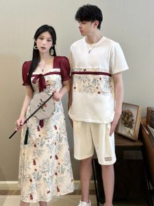 New Chinese Style Couple Matching Summer 2024 round Neck T-Shirt And Slimming Dress High Waist Midi Skirt Cotton Polyester Blend