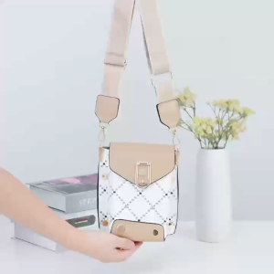 VIVIBAGS #505 MINI Square sling shoulder leather bag teenage womens w/distinctive quilted diamond lattice pattern on the body contrasted with a solid-colored top flap and base.