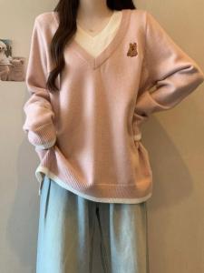 Loose V-neck Knitted Sweater Bear Pattern Womens Base Shirt Spring New Style plus Size Pink Korean Style Commute Fashion
