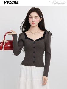 Áo Len Cardigan Dệt Kim Cổ Vuông Ôm Vừa Vặn Màu Khối Thời Trang Hàn Quốc Cho Nữ Mùa Thu 2025 Áo Khoác Ngoài Thường Ngày