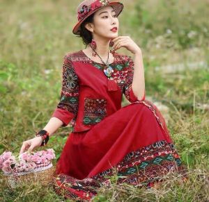 Womens Two-Piece Set Loose Red Dress Ethnic Yi Performance Stage Outfit Comfortable Fashionable Affordable Ensemble