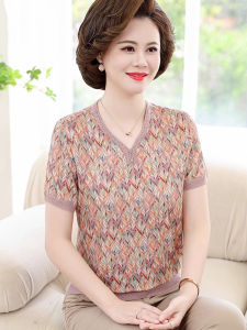 WANGGONGZHU | Ice Silk Short Sleeve T-Shirt Women Summer New Fashion Middle-Aged And Elderly Mothers Comfortable Slimming Stylish Top Women
