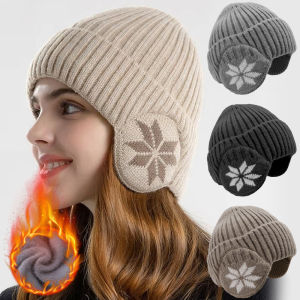 Men Women Winter Earflaps Hat Warm Knit Beanies with Earflaps Female Thick Fleece Russian Cap Ski Hat