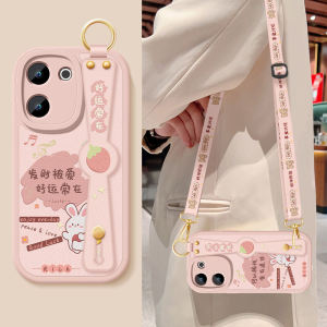 Vivo Y200 New Model Silicone Leather Phone Case with Wrist Strap Crossbody Design Full Lens Protection Soft Shell Anti-fall for Women