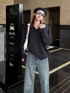 YUFUQING | Retro Japanese Style Loose V-Neck Pullover Sweater Womens Autumn Winter Soft Lazy Knitwear Outerwear Thick Needle Black