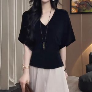 Ice Silk Batwing Waist Accentuating V-Neck T-Shirt