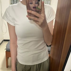 American Grey Short Sleeve U-Neck T-Shirt Womens Summer Vintage Spicy Basic Slimming Half Sleeve Top Korean Style Commute Pure Color