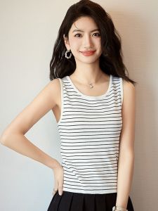 Áo Thun Dệt Kim Ice Silk Không Tay Ngắn Cho Nữ Mùa Hè Mới Áo Sơ Mi Nữ Thời Trang Dáng Ôm Vừa Vặn Cổ Chữ V