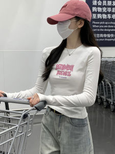 Thickened Fleece Womens Thermal T-shirt Korean Style Slim Fit Long Sleeve High Waist Print Casual Top for Autumn Winter