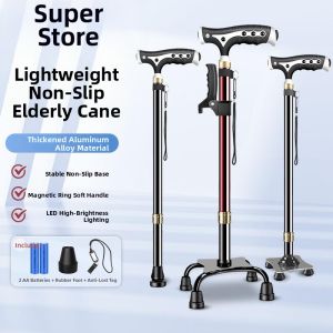 LIWAN | Aluminum Magnetic Therapy Lighted 4 Leg Adjustable Non-Slip Cane