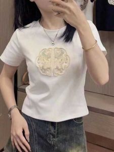 Áo Thun Nữ Tay Ngắn Thêu Kiểu Mới Mùa Hè 2024 Áo Thun Cotton Sợi Dệt Kim Thường Ngày Cổ Tròn Dáng Ôm Vừa Vặn