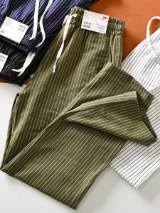 Cool Bubble Fabric Mens Slim Fit Quick Dry Breathable Stripe Loose Straight Casual Pants Summer Fashion Urban Youth Leisure