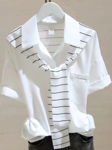 Casual Striped Shirt Womens Short Sleeve Summer New Style plus Size Loose Slimming Streetwear Top Single Button Closure