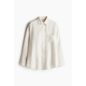 H&M Womens Shirt Spring Linen Loose Feel Thin Outerwear Slightly Shoulder Loose Shirt Long Sleeve Turn-down Collar Long Length