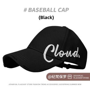 Womens Khaki Baseball Cap with Patches and Embroidery High Ponytail Face Slimming Wide Brim Large Head Circumference