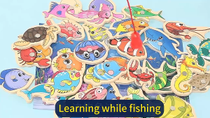 15PCs Wooden Magnetic Fishing Game Toy Set for Kids Cartoon Montessori Educational Board Game Interactive Gift