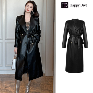 ZYHT Eravogue Womens Premium Sense Black Leather Coat Coat Autumn and Winter Trench Coat Medium Long Suit Jacket 6568