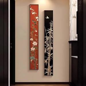 New Chinese Style Vertical Bamboo Entrance Decorative Painting Flower And Bird Red High-End Zen Atmosphere Corridor Background Wall