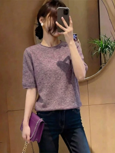 UYFY | Stylish Loose Slimming Short Sleeve Round Neck Purple Knit Top