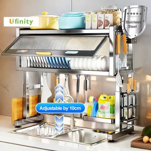 Lifinity 【Adjustable Height】Stainless Steel Dish Cabinet Rack with Cover Over-Sink Dustproof Kitchen Plates Organizer