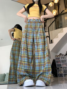 กางเกงลำลองลายสก็อตสีเหลืองสไตล์อเมริกันย้อนยุค ทรงหลวม ทรงหลวม ทรงหลวม กางเกงขายาวทรงหลวมสำหรับผู้หญิงในช่วงฤดูร้อน