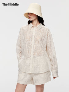 THE MIDDLE | Vintage Lace Embroidery Womens POLO Long Sleeve Sun Protection Loose Shorts Set