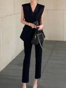 QFN | Summer Luxury Stylish Black V-neck Sleeveless Vest & Trousers Set