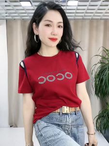 Fashionable round Neck Letter Print Shoulder Bared Short Sleeve Hollow out Slimming Top for Women Summer New Arrival T Shirt