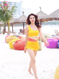 Đồ bơi nữ bikini hai mảnh phối màu cá tính chân váy rút dây cạp cao đồ đi biển bikini kín đáo