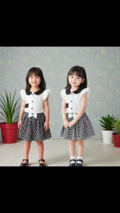 🎀 ชุดคู่เซ็ต 2 ชิ้น! เสื้อ+กระโปรง/มินิเดรสลาย Houndstooth ขาวดำ | ชุดเด็กหญิงเกาหลี สุดน่ารัก | ผ้าคอตตอนนิ่ม 1-5 ปี พร้อมส่ง!