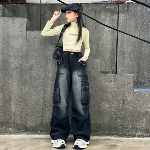 New trendy loose multi-pocket denim pants for children - straight and wide-leg style