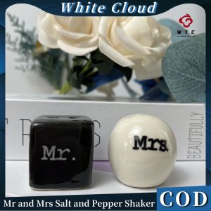 【COD】 Cute Anniversary Wedding Souvenir Giveaway Ceramic Seasoning Jar Square & Round Mr and Mrs Salt and Pepper Shaker
