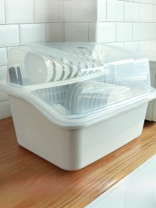 Large Plastic Kitchen Storage Box with Lid for Utensils And Bowls Drain Rack Diningware Organizer Cabinet Shelf Countertop