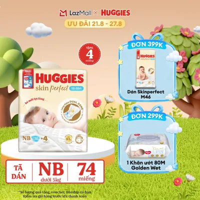 [17-24.08 QUÀ TẶNG ĐƠN 0Đ] Tã/bỉm dán sơ sinh Huggies Skin Perfect NB70 với 2 vùng thấm giảm kích ứng da (tặng miếng thay đổi theo từng đợt)