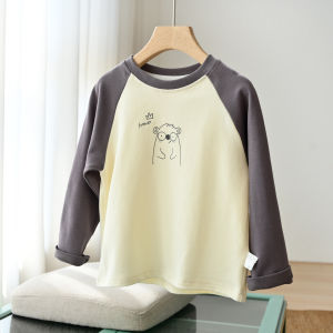 Class a Childrens Pure Cotton Long Sleeve T-shirt Cartoon round Neck Shoulder Insertion Base Shirt for Boys And Girls