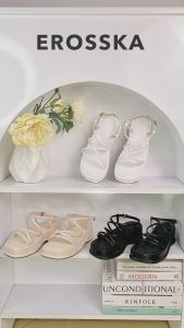 Erosska - Giày sandal nữ đế xuồng phối dây quai mảnh thiết kế basic cao 6cm màu nude - SB014