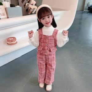XBABY Setelan Baju Anak Perempuan Lengan Panjang 3in1 Katun Motif Kotak Korean Style Usia 1-4 Tahun