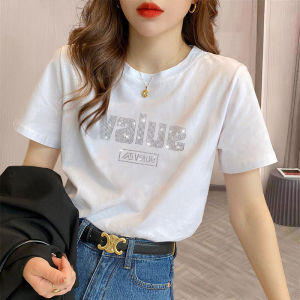 เสื้อยืดคอกลมแขนสั้นผ้าฝ้ายแท้สีดำประดับคริสตัลสำหรับผู้หญิงไซส์ใหญ่ ทรงหลวม แฟชั่นฤดูร้อน 2024 เสื้อผ้าทำงานสไตล์เกาหลี