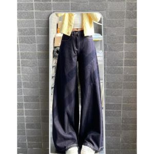 Deep Blue Vintage Denim High Waist Wide Leg Floor Length Womens Jeans Casual Style Loose Fit Trousers for Tall People