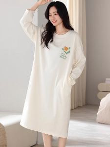 Pure Cotton Long Sleeve Sleep Dress Lightweight Loose Fit Midi Soft Cotton Home Dress Spring Autumn Seasonal Outerwear