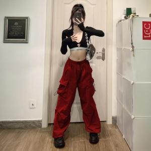 American High Street Loose Red Work Pants Womens Spring Summer Casual Straight Leg Trousers Sports Trendy Streetwear